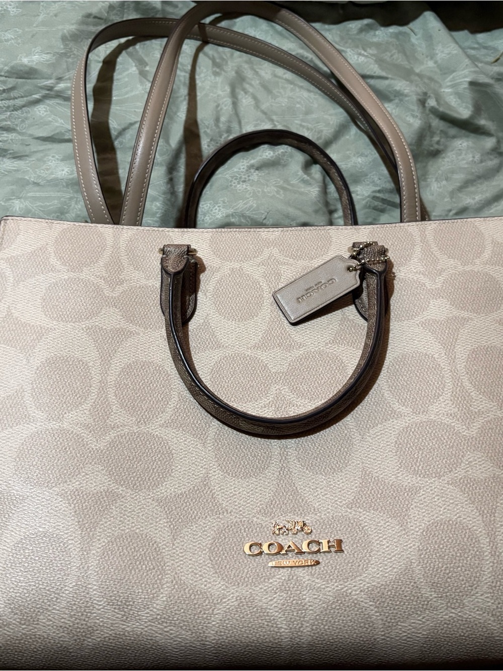 Coach Beige Signature Canvas Tote with Brown Leather Trim